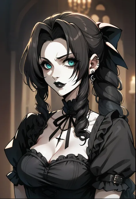 aerith gainsborough, gothic lolita cosplay, piercings, black lipstick, stoic, spooky mansion,