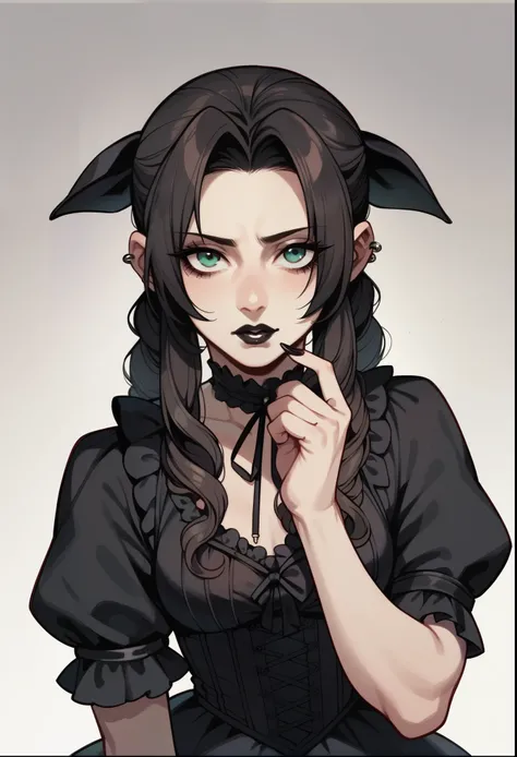 Aerith Gainsborough, gothic lolita cosplay, piercings, black lipstick, stoic, spooky mansion,