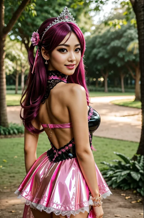 sexy stylish Thai model, only 1 female, long neon pink stylish hair, ((shiny Victorian-Style boots)), beautiful smile, ultra detailed eyes, vivid eye makeup, lipgloss, long lashes, defined eyebrows, ((sexy Paradise Kiss cosplay)), bell-shaped skirt, pettic...