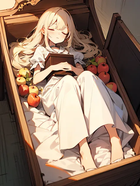 Alone,A coffin filled with apples、Sleeping Beauty,(manga style),(sketch),(illustration),