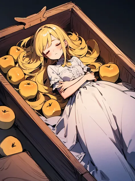 Alone,A coffin filled with apples、Sleeping Beauty,(manga style),(sketch),(illustration),