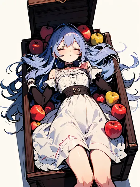 Alone,A coffin filled with apples、Sleeping Princess Kurokami,(manga style),(sketch),(illustration),