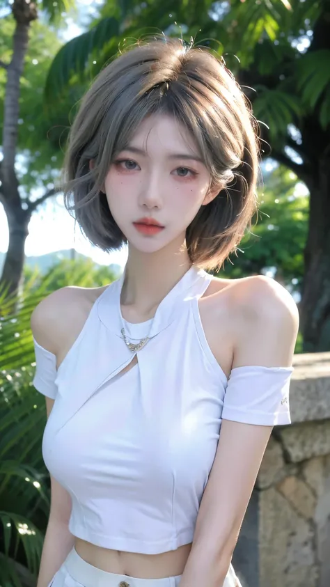  BEAUTIFULT WOMEN WITH PERFECT BODY：1.4，layered hairstyle，Highlight the chest，Short sleeve：1.5，Ultra short pleated skirt ，whole body， highly detailed facial and skin texture，Double eyelids，Skin Whitening， long gray hair 