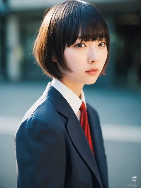 Japanese women,((navy suit)), Sweaty shiny skin、Young Face, Bob Cut Hair, morning, office, Incomplete details, Shooting with Leica, analog, 35mm:: (Artistic light leakage:1.4), Lens flare::4 - Style Row - AR 2:3 --s 150 --c 4,