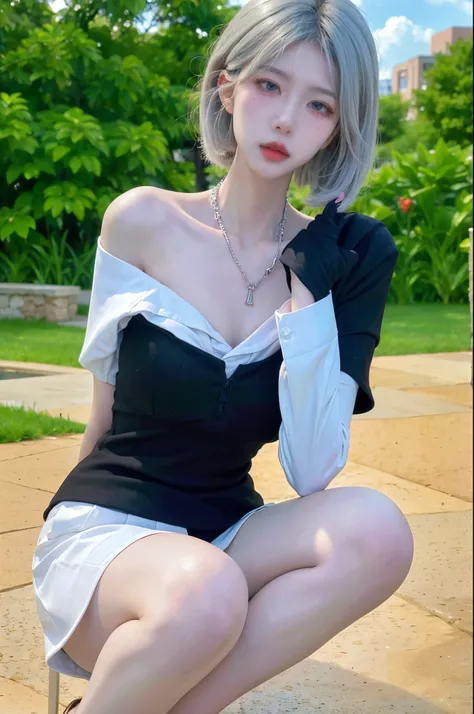  BEAUTIFULT WOMEN WITH PERFECT BODY：1.4，layered hairstyle，Highlight the chest，Short sleeve：1.5，Ultra short pleated skirt ，whole body， highly detailed facial and skin texture，Double eyelids，Skin Whitening， long gray hair 