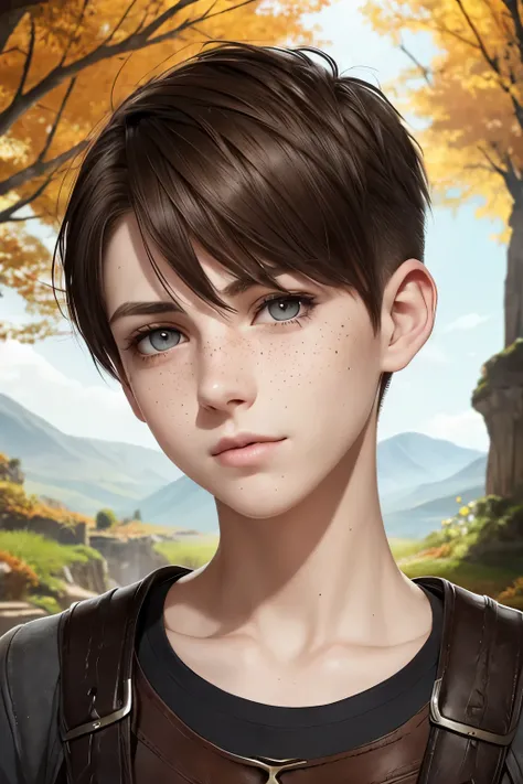 Fantasy Setting: A happy young female adventurer with very short dark-brown undercut. Shaved sides. Tomboyish. Androgynous. Slim. Wide hips. Long thick legs. Extremly pale skin with liverspots. A narrow soft face. Round chin. Curved lips. A long and wide n...