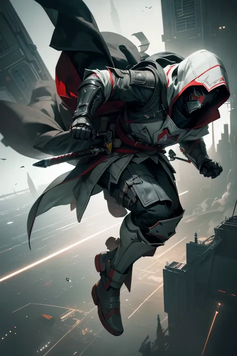 a male assassin assassins creed Ezio Auditore, in a spacesuit, mask, holding a lightsaber  katana, flying in zero gravity near a space station, black and grey color scheme, photorealistic, 8k, ultra-detailed, dramatic lighting, cinematic composition, scien...