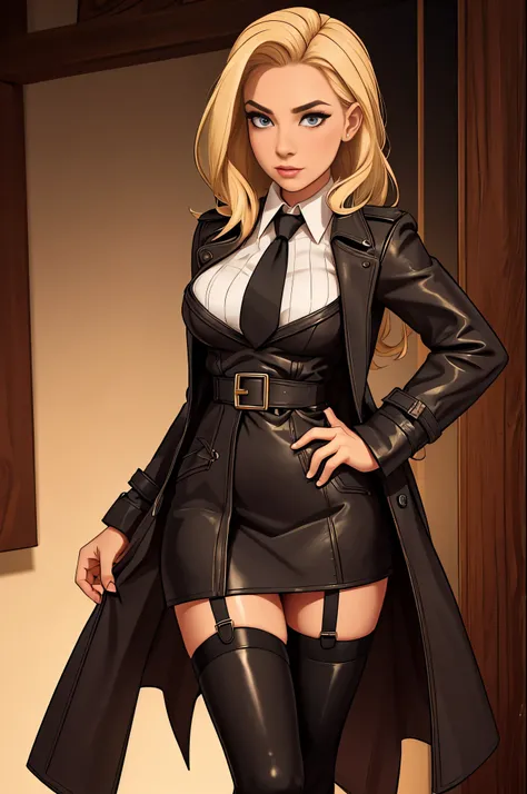 blonde bombshell,  leather trenchcoat, stockings, garters