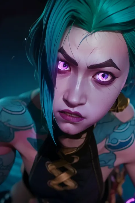 jinx league of legends, detailed , angry face, in dynamic pose, blue tattoo, skinny body. dynamic angle, best quality, masterpie...