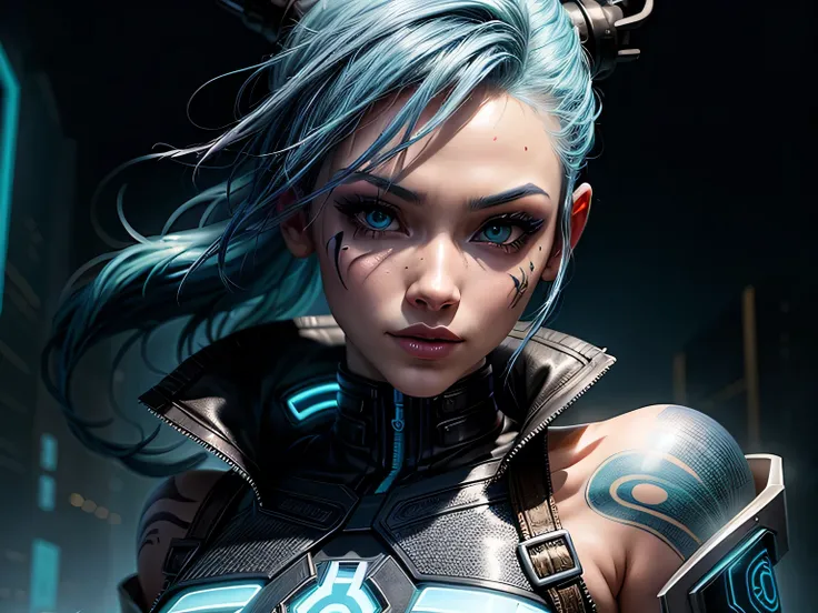 a close up of a person with blue hair and tattoos, portrait of cyberpunk girl, rossdraws cartoon vibrant, inspired by rossdraws, epic digital art illustration, fantastic artstyle, cyberpunk art style, rossdraws pastel vibrant, rossdraws 2. 0, deviantart ar...