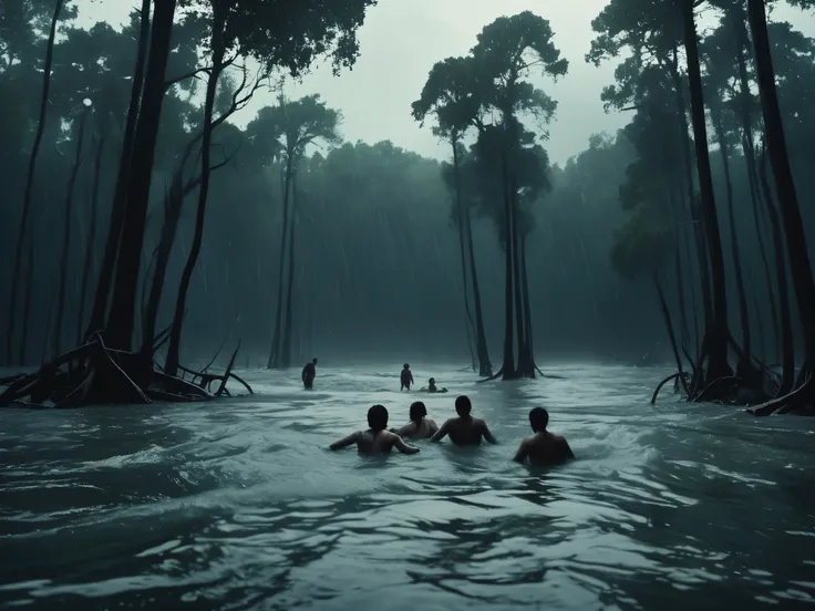 A captivating cinematic photo of a world engulfed by water, with people desperately clinging to each other and their ren on tall trees. Animals, filled with despair, are seen swimming in the turbulent waters. Every remnant of past life is disappearing in t...