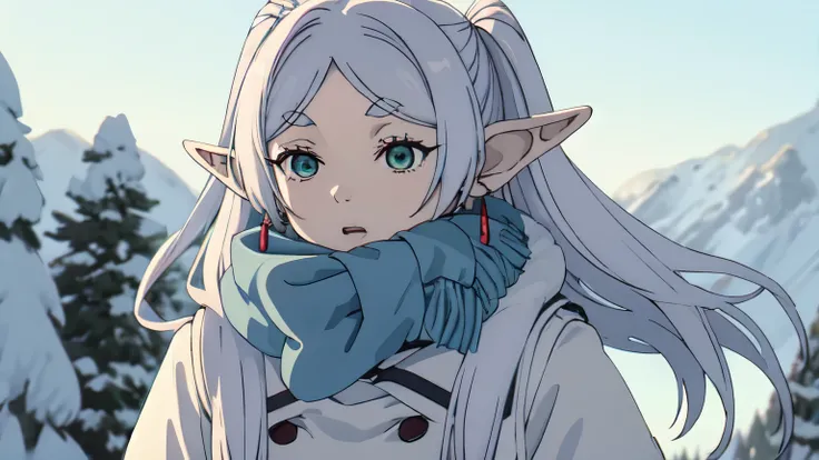 Best Quality, masterpiece,  high resolution on down, Alone, (Freezing_sousounoFreezing:1.10),  1 girl,  blue scarf , Elf,  jewellery,  upper body,  closed mouth, Outdoor, White jacket, Winter clothes, Anime_ style , 24 