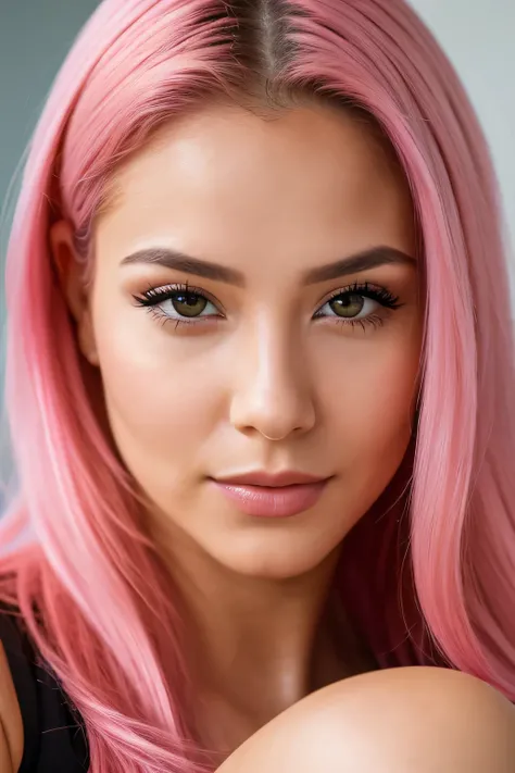 (calidad media, 1080 megapixel, media Resolution, half resolution 1.2), (profesional, fotorealistic), Beautiful woman, 21 years old, pink hair, close up of the face, front view, looking directly in the camera, big boobs