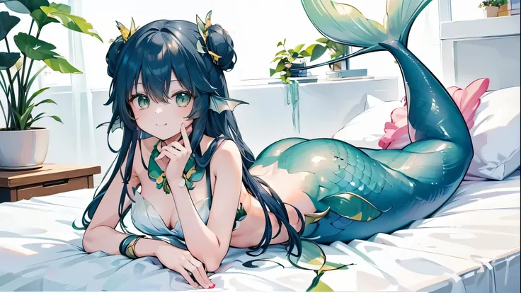 masterpiece,  is the best quality,(Full fingers), a girl ,Big ,Mermaid,浅绿色的Mermaid尾巴,Head fin,Full body photo, lying in bed ,charming脸(Kawaii, charming,Soft),Smile