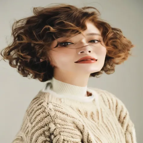 a woman with curly hair wearing a sweater and a sweater, curly and short top hair, short curly hair, curly copper colored hair, with short hair, curly bangs, very short curly hair, short curly blonde haired girl, wavy and short top hair, natural short hair...