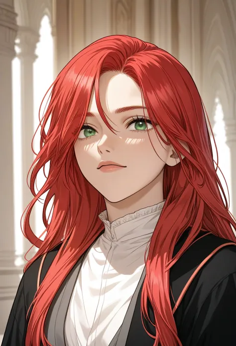 red hair,green eyes,long hair
