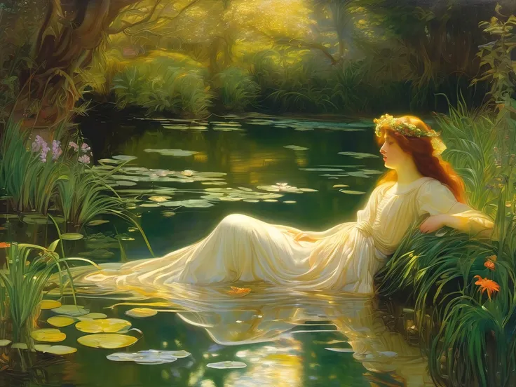 Pre-Raphaelite masterpieces of oil painting, underwater landscapes, graceful swaying water plants, and sunbeams shimmering off the waters surface. a sunbeam of sunlight shining through the water.Bloom,  Godley, Artistic, Baroque,  Pre-Raphaelian , 