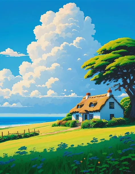 (minimalism:1.4),sea side cottage, clouds, tree near the cottage, cozy scene, anime , Studio Ghibli art, Miyazaki, pasture with blue sky and white clouds