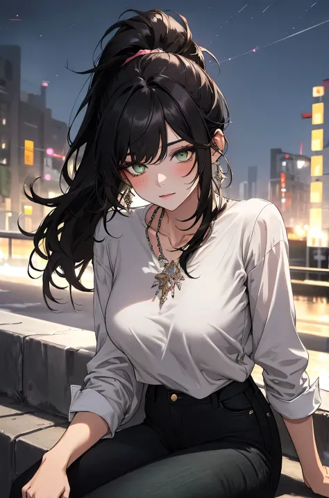 (top quality, masterpiece, high quality, ultra-delicate), ((beautiful adult woman)), ((Dark black hair)), mature, graceful curves, (long hair, long bangs, ponytail), ((bright green eyes)), detailed eyes, modern clothing, bangs, fashionable clothing, ((whit...