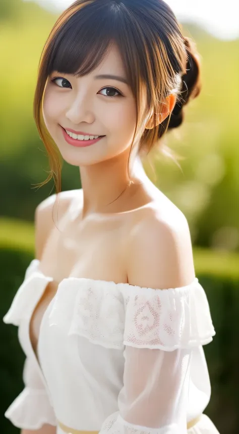 masterpiece,best quality,(Japanese girl),((Beautiful girl)),cleavage,(off shoulder:1.2),(perfect body beauty:1.2),(shy smile),From slightly above