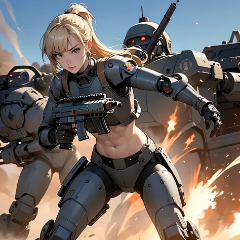 nsfw, very long shot, anime screencap, 16k, perfect anatomy proportion body, perfect hands,  action,  dynamic composition with a sense of speed and dynamism , camouflage heavy armored steam engine robotic full armor powered suit, (Firing an assault rifle, ...