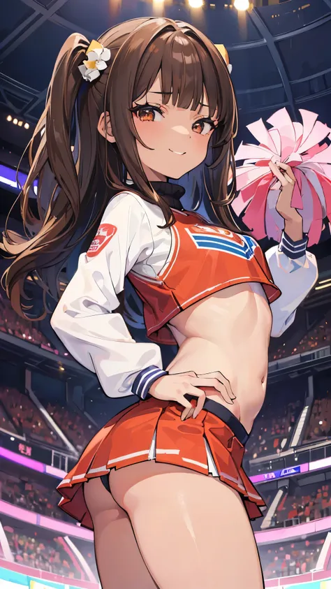 ((masterpiece、Best Quality、 very detailed))、 one girl playing pranks、(( brown skin:1.3))、Brown Hair、 long hair、blunt bangs、 TWO SIDE UP 、 Brown Eyes 、evil smile、 small breasts、((cheerleader))、turtleneck、 Long Sleeve 、belly button、((micro miniskirt))、 cowbo...