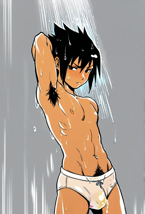 Sasuke, shirtless, swim briefs, tan skin, armpit hair, pubic hair, muscle growth, stained underwear, pee stain, pee, showering, 12-years-old, boy,