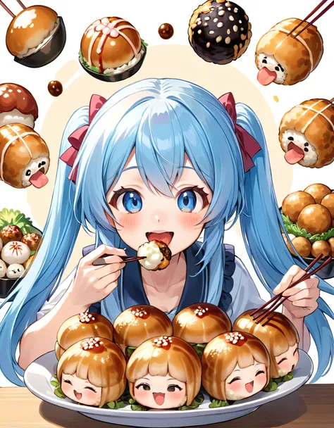 Light blue long hair、  there is a large piece of twin-tailed little character、They are eating takoyaki deliciously、A delicious smile、Its opening a big mouth