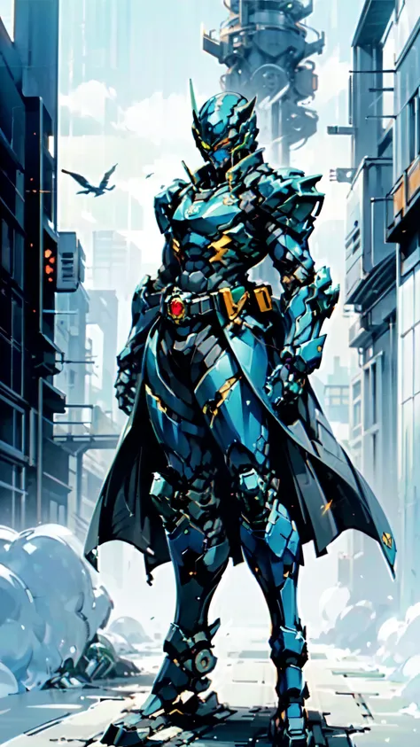 (masterpiece:1.5, best quality:1.5, extremely delicate:1.5), ((male:1.5)), a man wearing a full-face helmet, green eyes, fantasy-style high-tech biomimetic armored combat suit, (a composite layered chest armor), the design balances heavy with agility, full...