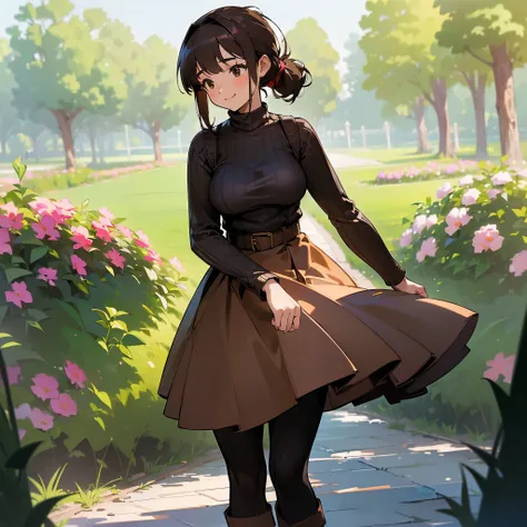 ( high quality,  high resolution on down, Very detailed, reality:1.37), Peaceful atmosphere, (Outdoor, garden), Teenage girl standing alone, (My breasts are large.), Beautiful details,  cute smile, ( dark hair ponytail ), Ribbed sweater,Brown skirt, Black ...