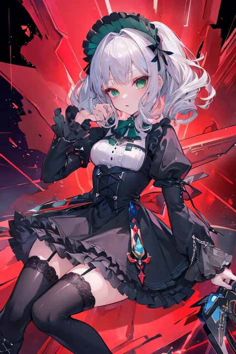 (((Top quality ultra detailed,Unity 8K))),Twin Drilling , Emerald Eyes ,Pose,blazers:1.1 ( gothic lolita:1.2),, short bang, lace up boots, Silver Hair,curly hair,knife,lick&#39;Lips, Look Down, ((Stand on the roof of a :1.3)), Look Down,smile,full body,Sta...