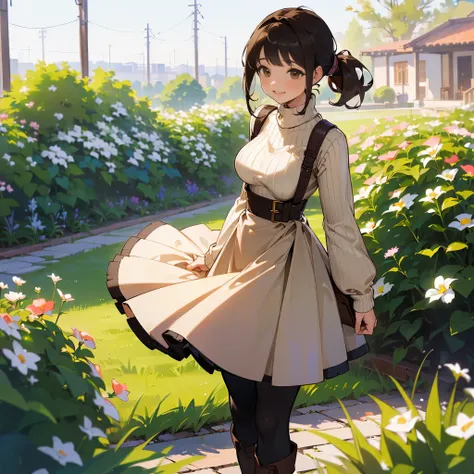 ( high quality,  high resolution on down, Very detailed, reality:1.37), Peaceful atmosphere, (Outdoor, garden), Teenage girl standing alone, (My breasts are large.), Beautiful details,  cute smile, ( dark hair ponytail ), Ribbed sweater,Brown skirt, Black ...