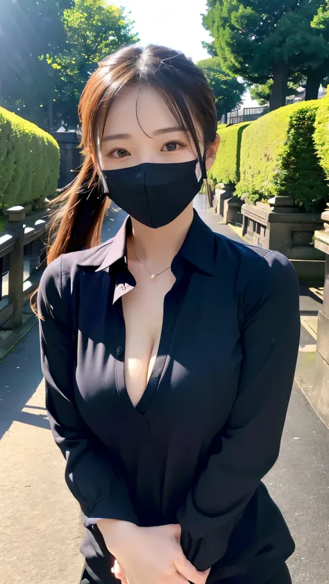 (masterpiece:1.2),  Japanese, (28 years old), ( a girl ),  in the park ,  Cleavage, Collared shirt ，（Wearing a black mask）， ( ponytail), pullover , Half-length shot， Looking straight into the camera ，