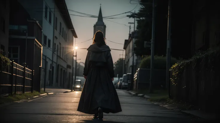  A fair-skinned and dark-haired woman , dressed casually,  walks out of the church holding an old and worn journal. In the background,  the church is shrouded in a faint haze , and the light of dawn illuminates the exit ,  creating a tone of conclusion and...