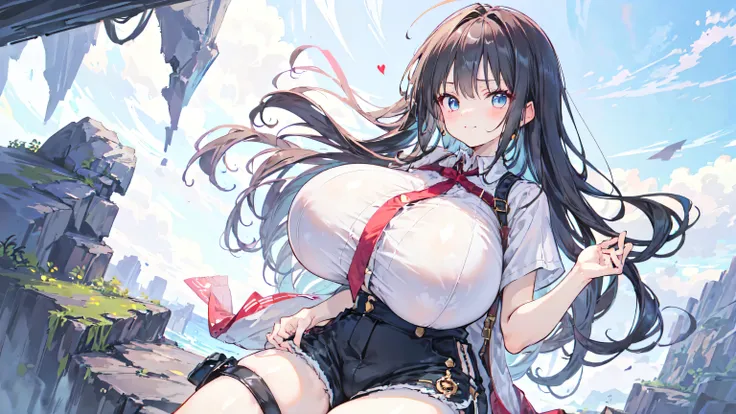 ( high-waisted shorts ),(super huge breasts:3.0, high-waisted shorts ,adventurer&#39;s clothes),