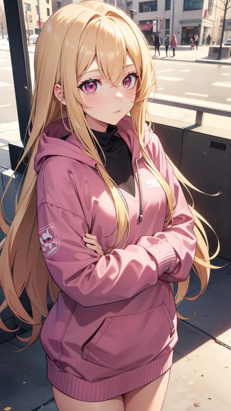 Adult woman, pink eyes, long blonde hair, hoodie clothes, winter