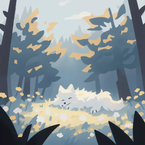 a white fluffy wolf sleeping on a forest meadow