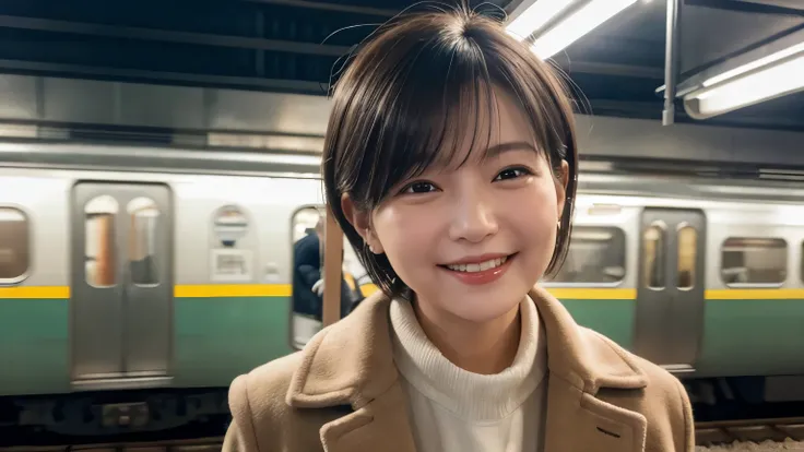 highest quality, masterpiece, Ultra-high resolution, (Reality: 1.4), Original photo, 1 woman, mature, happy smile, short hair, plump body, , Cinema Lighting, from below, A woman commuting to work waiting for a train on the platform at a station in the morn...