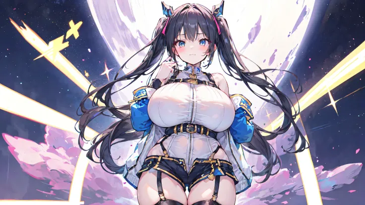 ( high-waisted shorts ,body harness, garter belt ),(super huge breasts:3.0, high-waisted shorts ,adventurer&#39;s clothes),