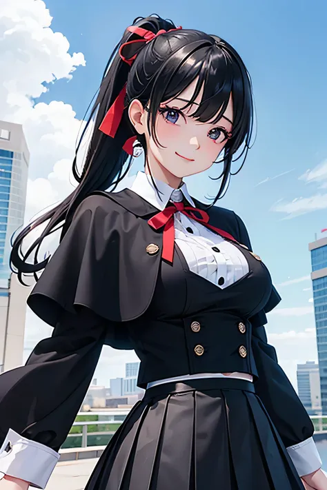 score_9,score_8_up,score_7_up,score_6_up,score_5_up,score_9, score_8_up, score_7_up, score_6_up, source_anime, 1girl, solo,  dxdAH, black hair, ponytail, very long hair, purple eyes, hair ribbon, neck ribbon, black capelet, white shirt, long sleeves, black...