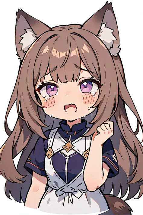 masterpiece, best quality, good quality,
uohhhhhhhhh! (meme), streaming tears, tongue, crying, meme, =_=, open mouth, tears,
1girl, solo, holo, long hair, simple background, brown hair, white background, purple shirt, upper body, wolf ears, wolf tail, wolf...