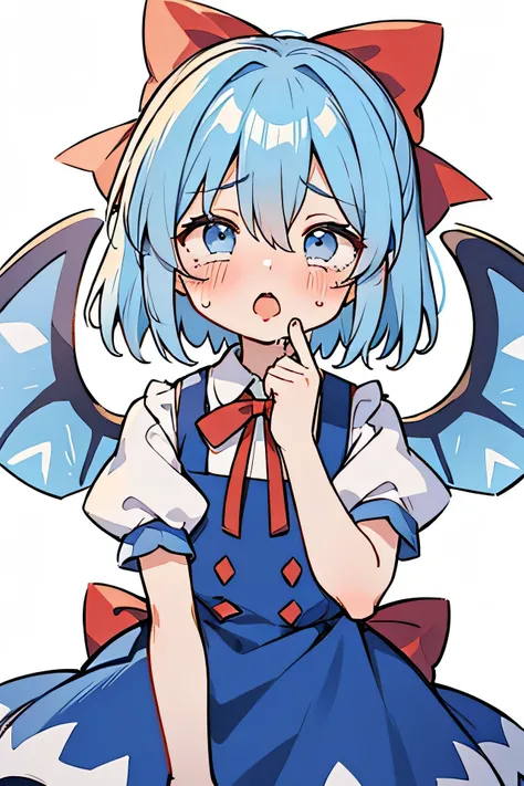 masterpiece, best quality, good quality,
uohhhhhhhhh! (meme), streaming tears, tongue, crying, meme, =_=, open mouth, tears,
cirno, 1girl, solo, blush, short hair, simple background, shirt, white background, dress, bow, ribbon, hair between eyes, blue hair...