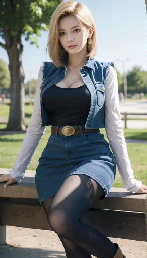 Android 18, Light Blonde, Short hair, Emerald green eyes, Wearing round earrings, Long sleeves, Mini denim blue skirt, Black see-through T-shirt with chest slit, high cleavage T-shirt, Big breasts, Denim short jacket, Belt, Pantyhose, Western boots, Lookin...