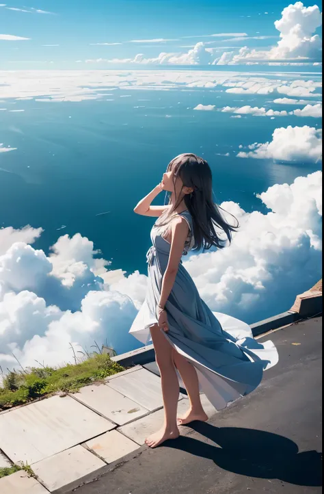  one girl playing pranks、Best Quality、masterpiece、A thin tower stretching high into the sky、Cylindrical tower、sea of clouds、Blue Sky、 、Hair blowing in the wind、Grey Hair、Girl gazing into the distance、 white dress on the background、barefoot、Full body angle、...