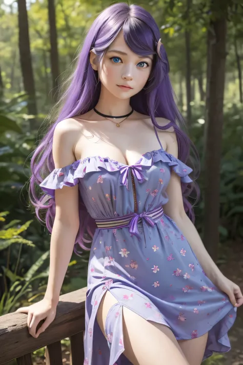 1girl,Anastasia Hoshin,  long hair ,( blue eyes :1.5), CABELLO MORADO, purple hair, CABELLO MORADO, swept bangs,  hair ornament,Transparent floral print polyester sundress dress for women with zipper and straps with buckle casual for all seasons - Straples...