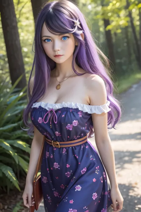 1girl,Anastasia Hoshin,  long hair ,( blue eyes :1.5), CABELLO MORADO, purple hair, CABELLO MORADO, swept bangs,  hair ornament,Floral print polyester sundress dress for women with zip and straps with buckle casual for all seasons - Strapless collar style ...