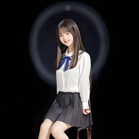 (Highest quality, masterpiece:1.2), Highest quality, High resolution, 1080P, 8k, height: 158cm, (A 14yo Japanese beautiful fashion model is seated, cute skirt with beautiful knees, putting her hands front and beautiful fingers, looking at the viewer, cant ...