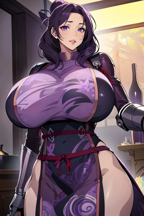 An anime-style artwork depicting rixia mao
Tags: best quality, (masterpiece:1.2), illustration, absurdres, (1girl), (solo), (beautiful detailed girl), (upper body, portrait), Rixia Mao, (dark purple hair:1.3), medium hair, purple eyes, huge breasts, purple...