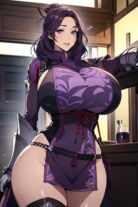 An anime-style artwork depicting rixia mao
Tags: best quality, (masterpiece:1.2), illustration, absurdres, (1girl), (solo), (beautiful detailed girl), (upper body, portrait), Rixia Mao, (dark purple hair:1.3), medium hair, purple eyes, huge breasts, purple...