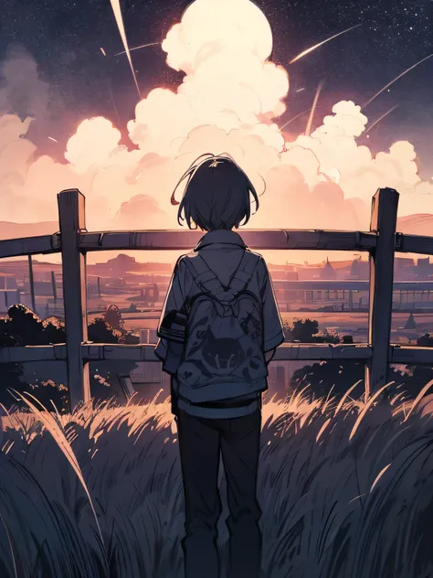 alone,strange journey,nomad, starry sky 、The boy who is a cowherd、fence、 Vast Prairie 、 Picturesque Scenery、(manga style),(sketch),(illustration),